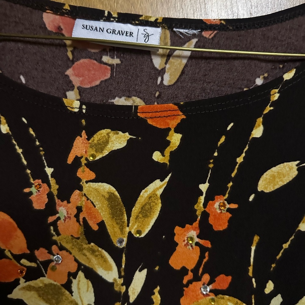 Susan Graver Floral Brown and Orange Long Sleeve Tunic - Picture 2 of 3